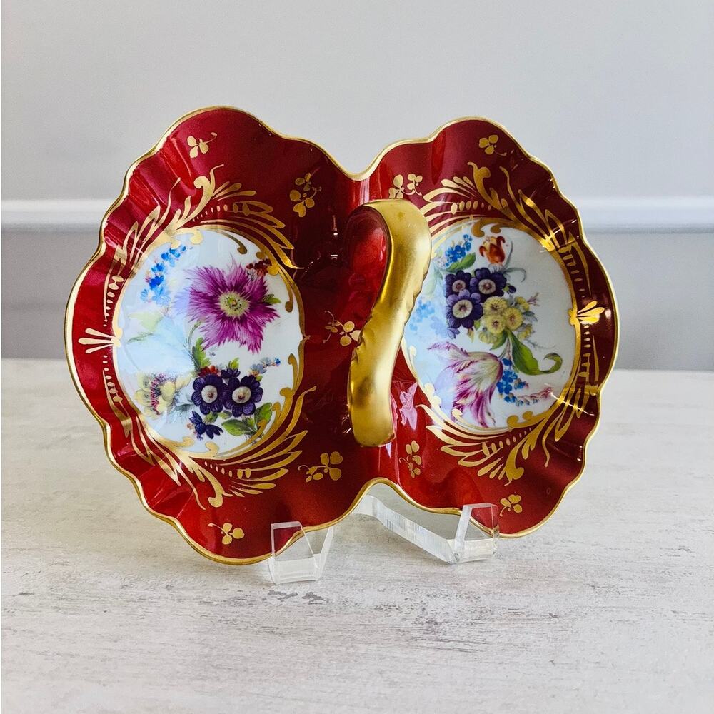 Limoges France Ruby Red Gold Floral Divided Relish Serving Dish